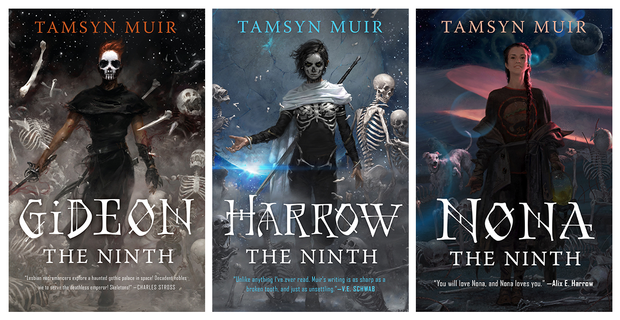 Book Cover for Gideon the Ninth, Harrow the Ninth and Nona the Ninth side by side